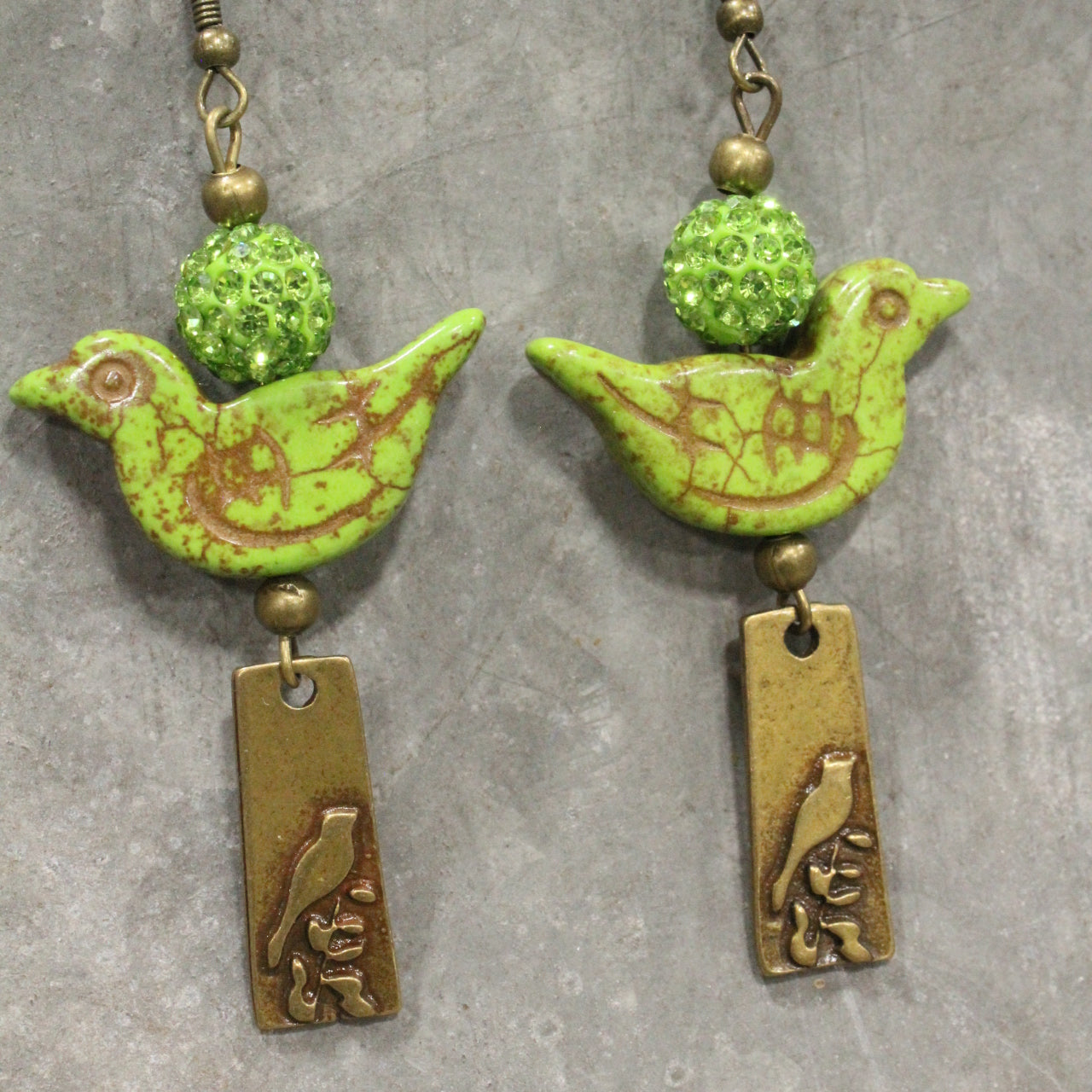 Bird Chirping Green Dangle Earrings
