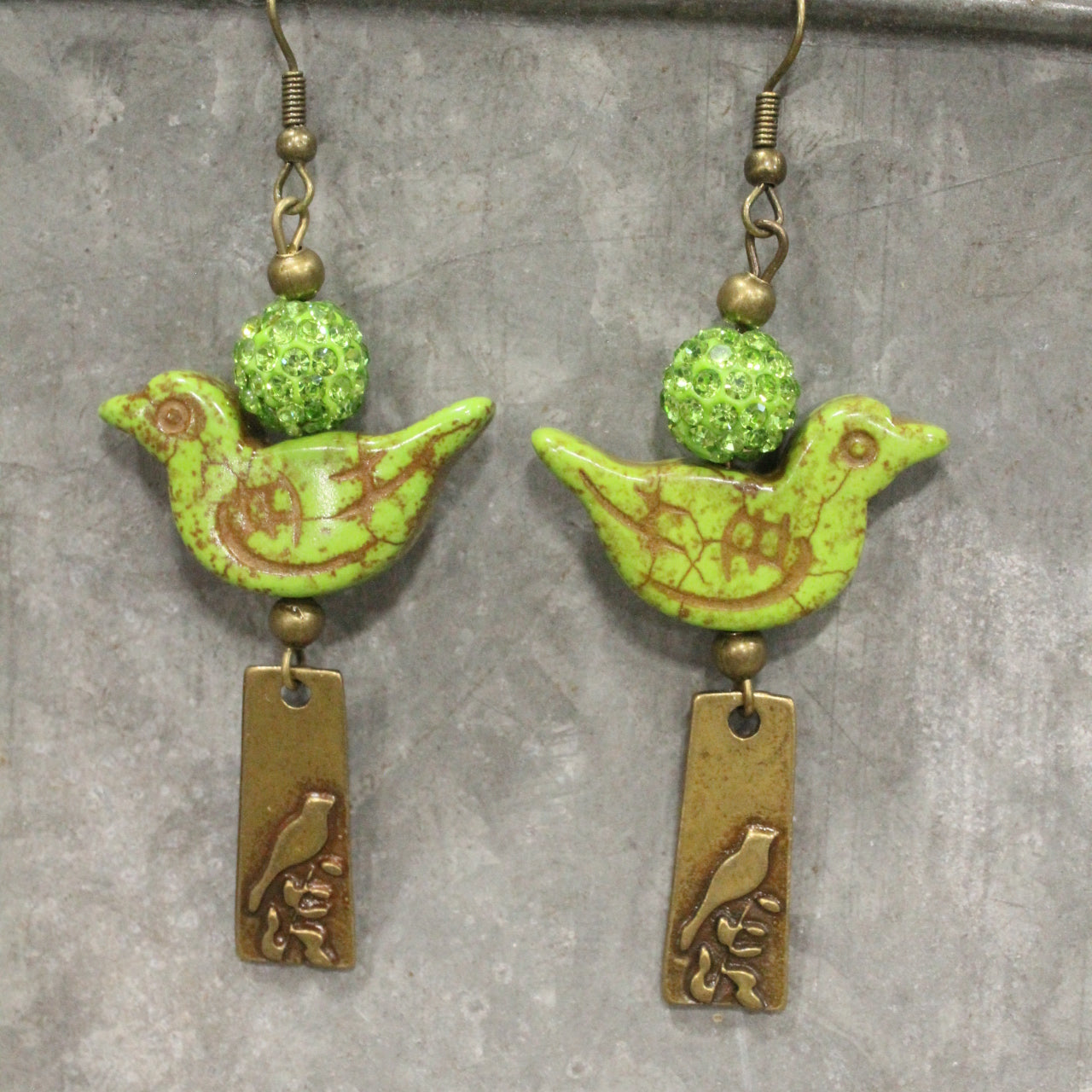 Bird Chirping Green Dangle Earrings