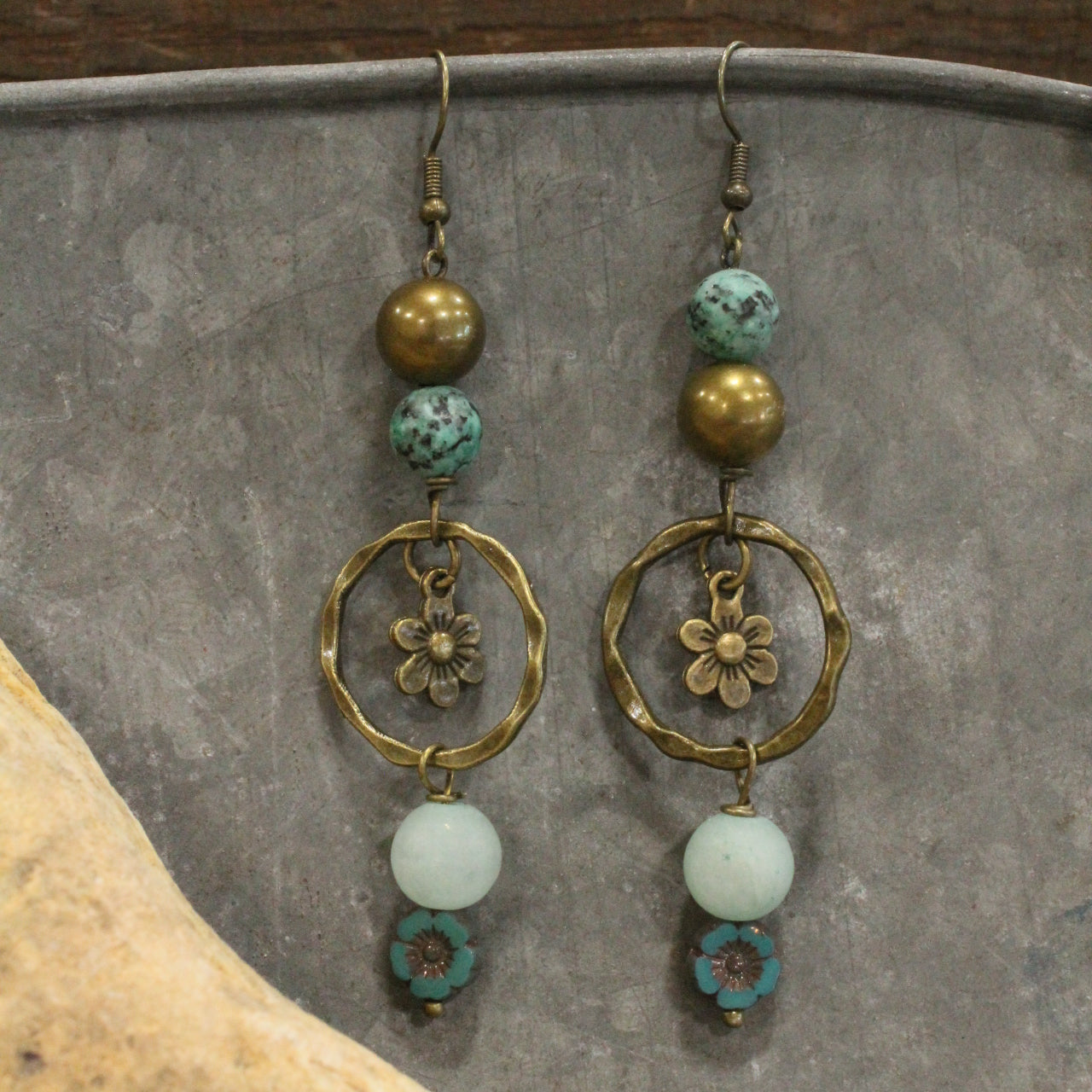 Filigree Bronze & Czech Glass Dangle Earrings