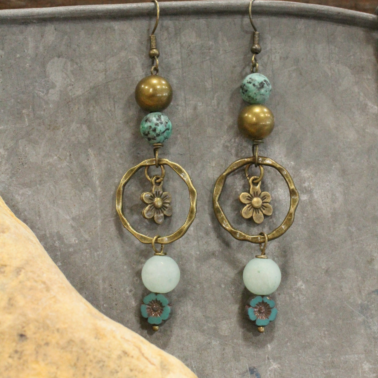 Filigree Bronze & Czech Glass Dangle Earrings