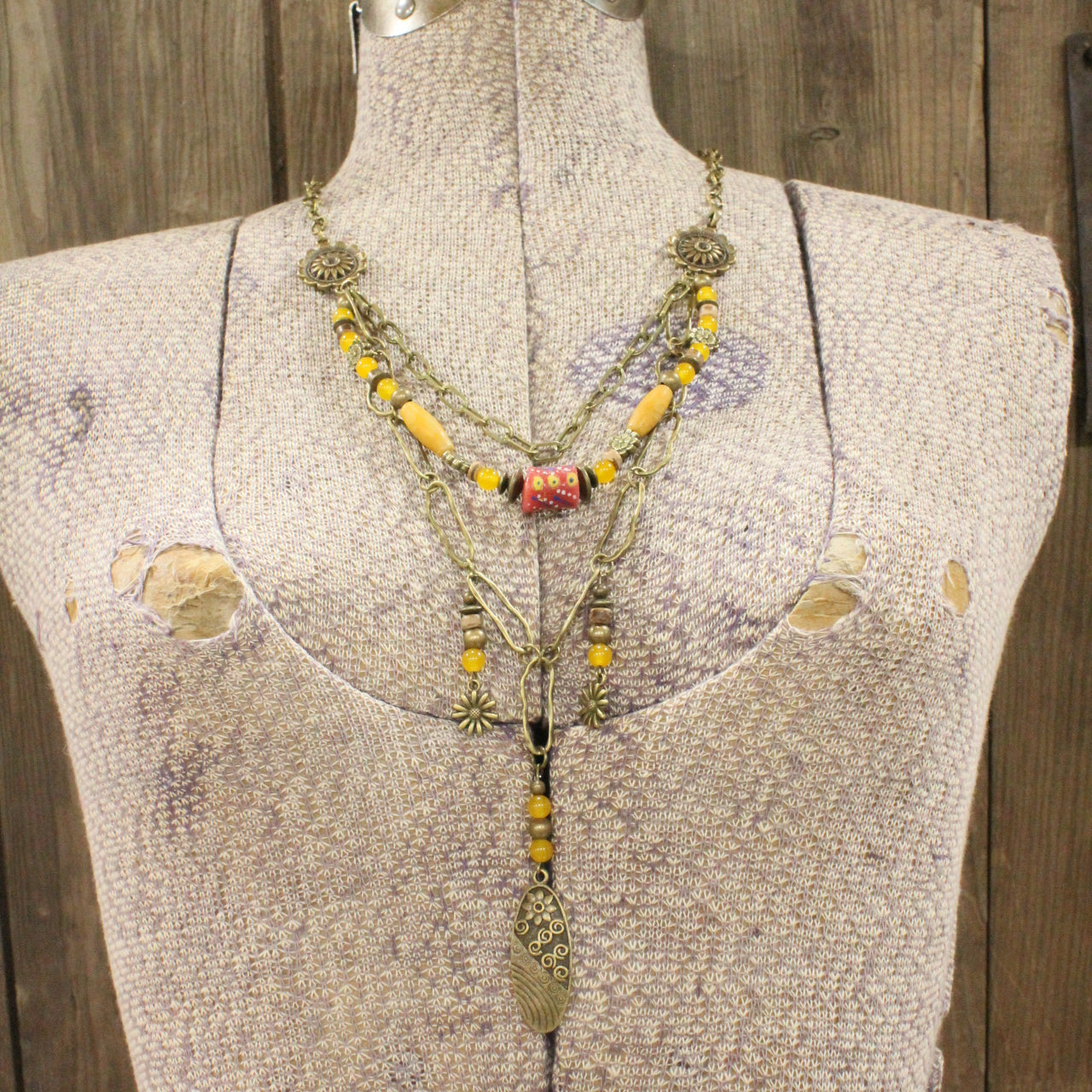 Vintage Stone & Flower Layered Necklace