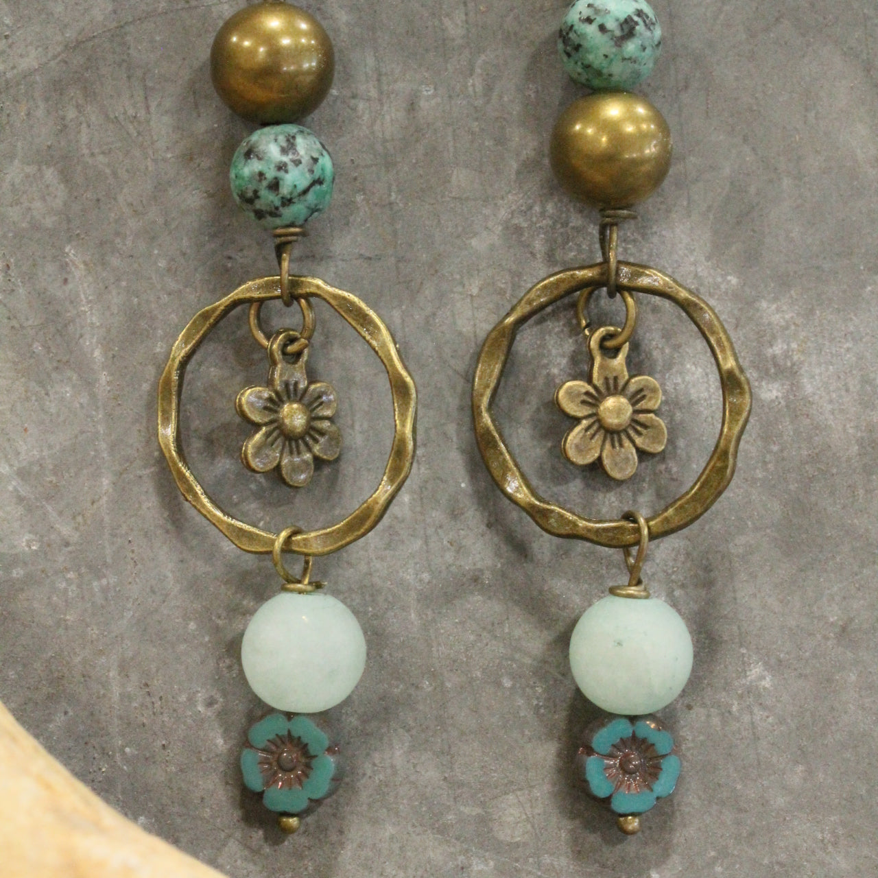 Filigree Bronze & Czech Glass Dangle Earrings