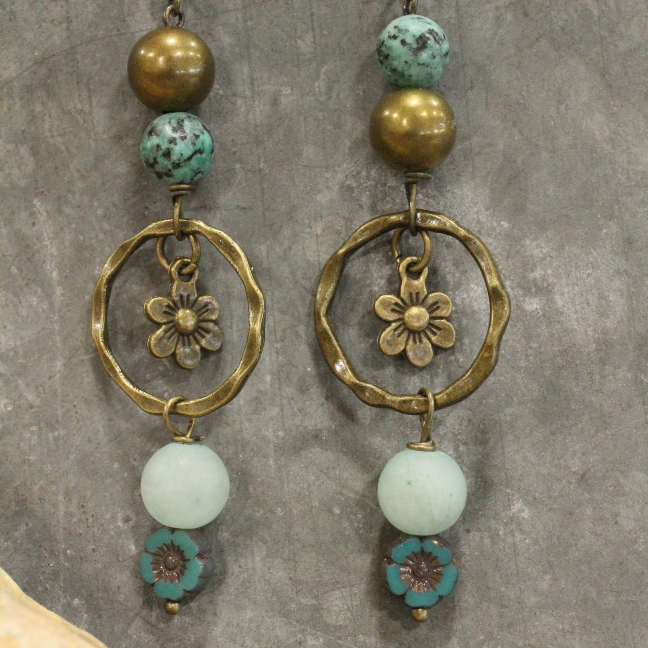 Filigree Bronze & Czech Glass Dangle Earrings