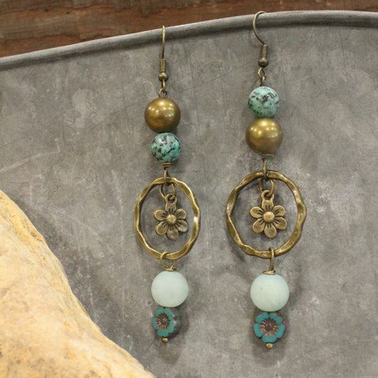 Filigree Bronze & Czech Glass Dangle Earrings