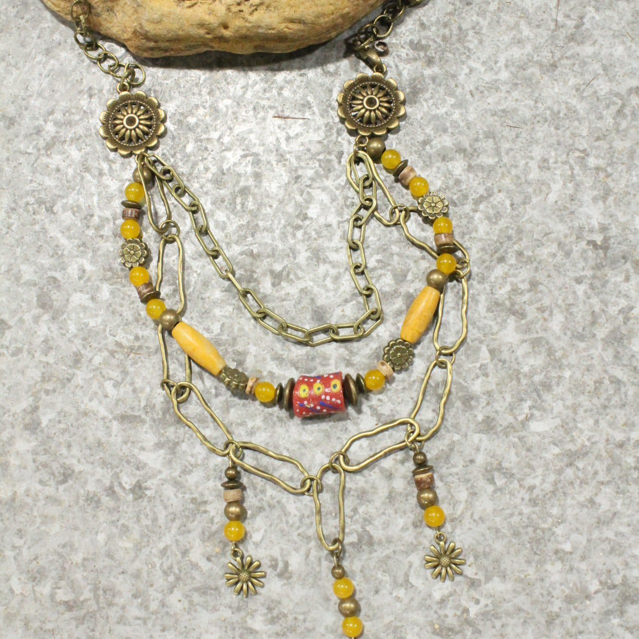 Vintage Stone & Flower Layered Necklace