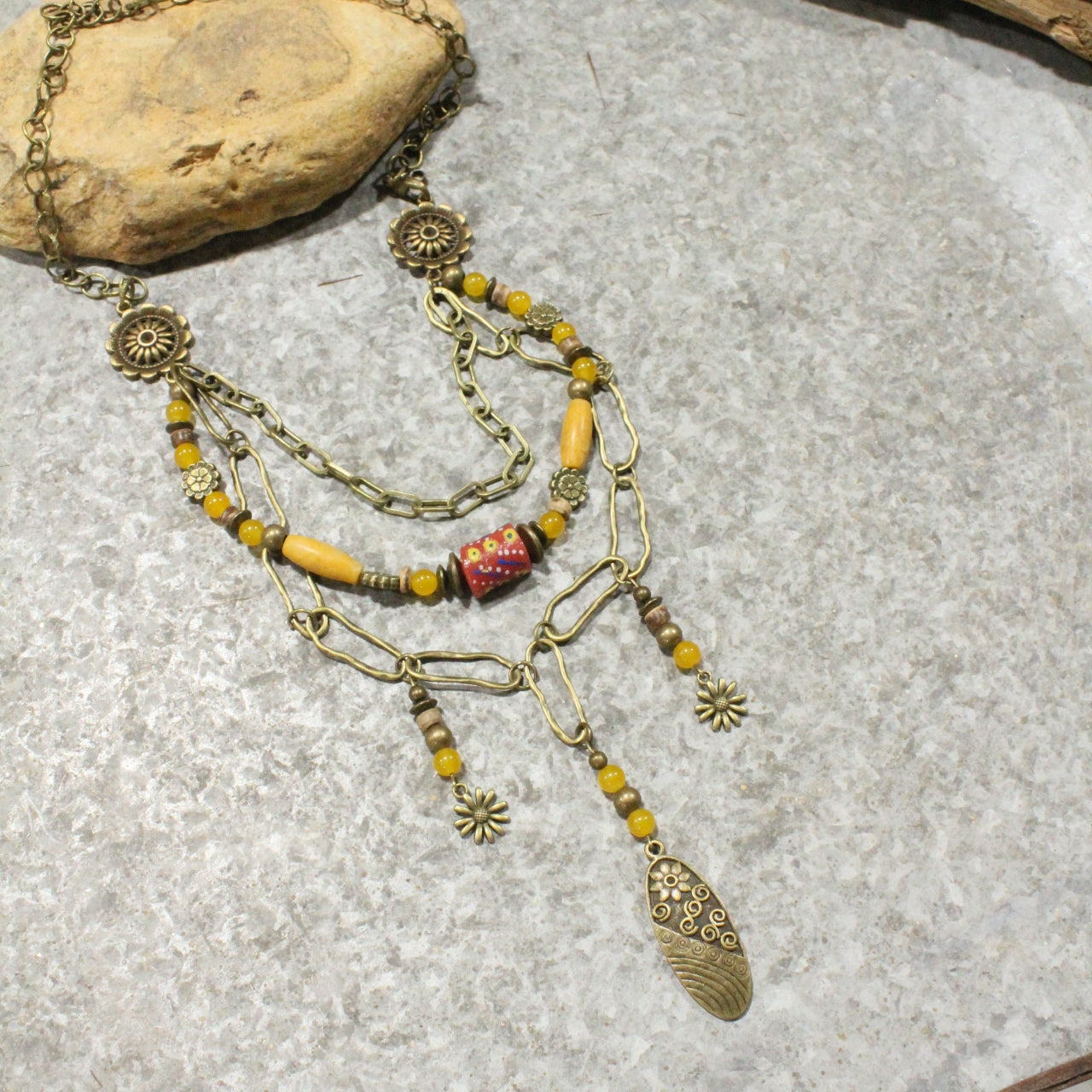 Vintage Stone & Flower Layered Necklace