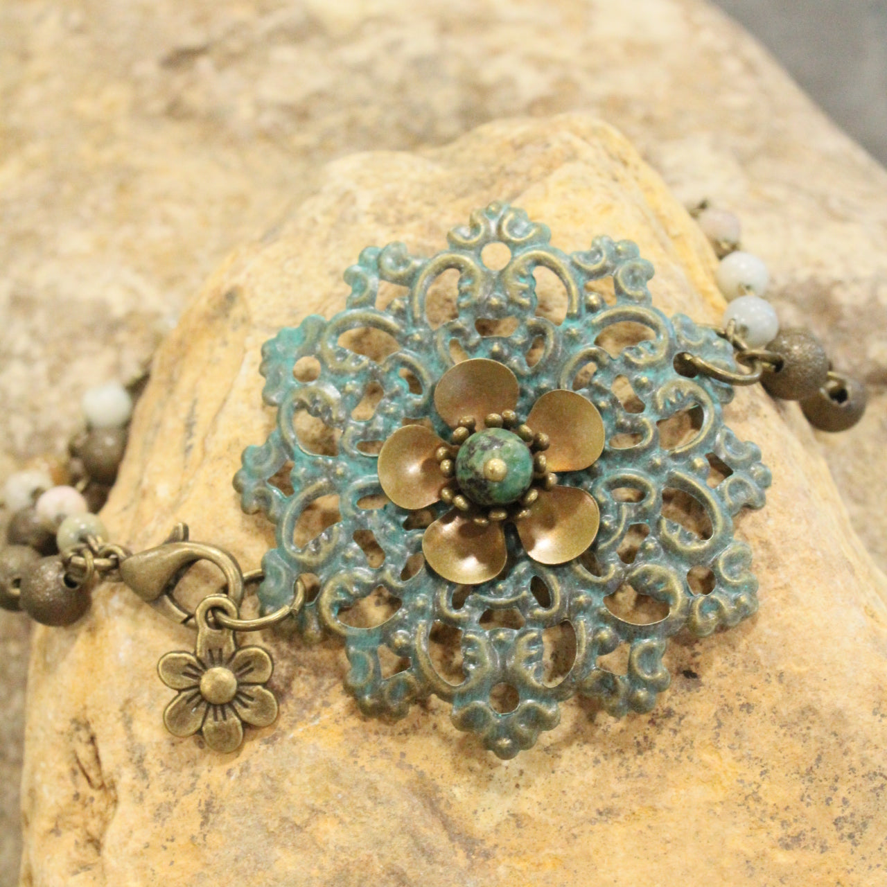 Filigree Bronze Flower & Stone Double Chain Bracelet Set