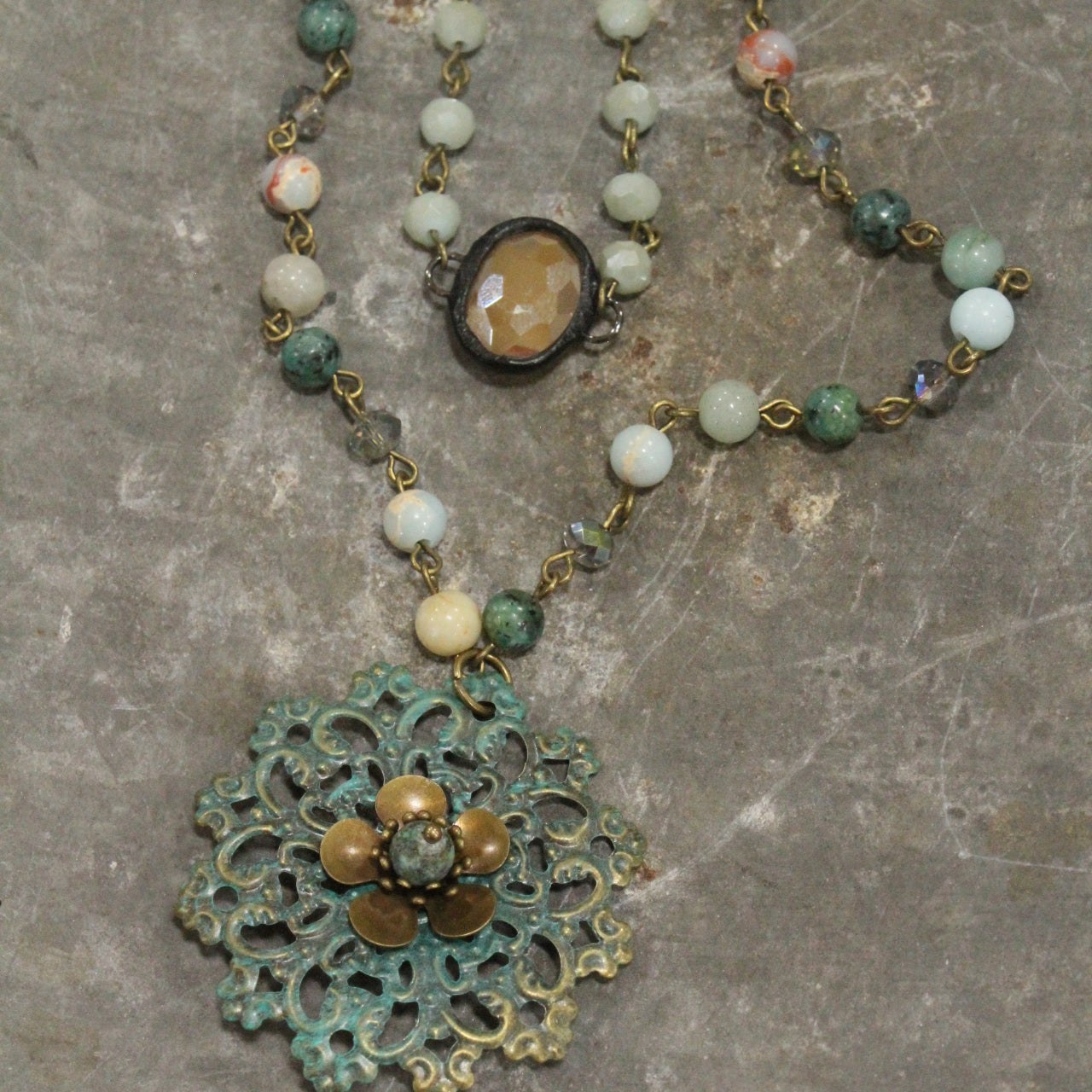 Filigree Flower Bronze & Mint Layered Switchable Lengths Necklace