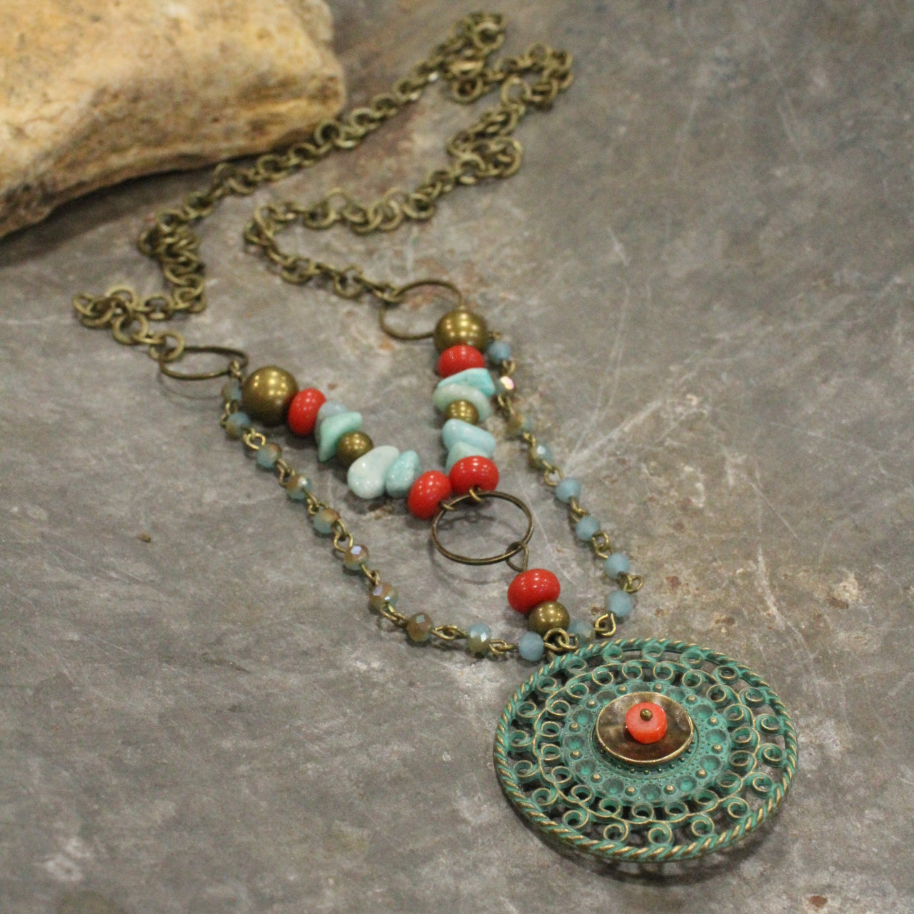 Patina Filigree Stone Layered Necklace