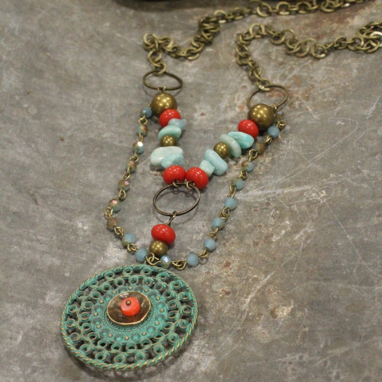 Patina Filigree Stone Layered Necklace