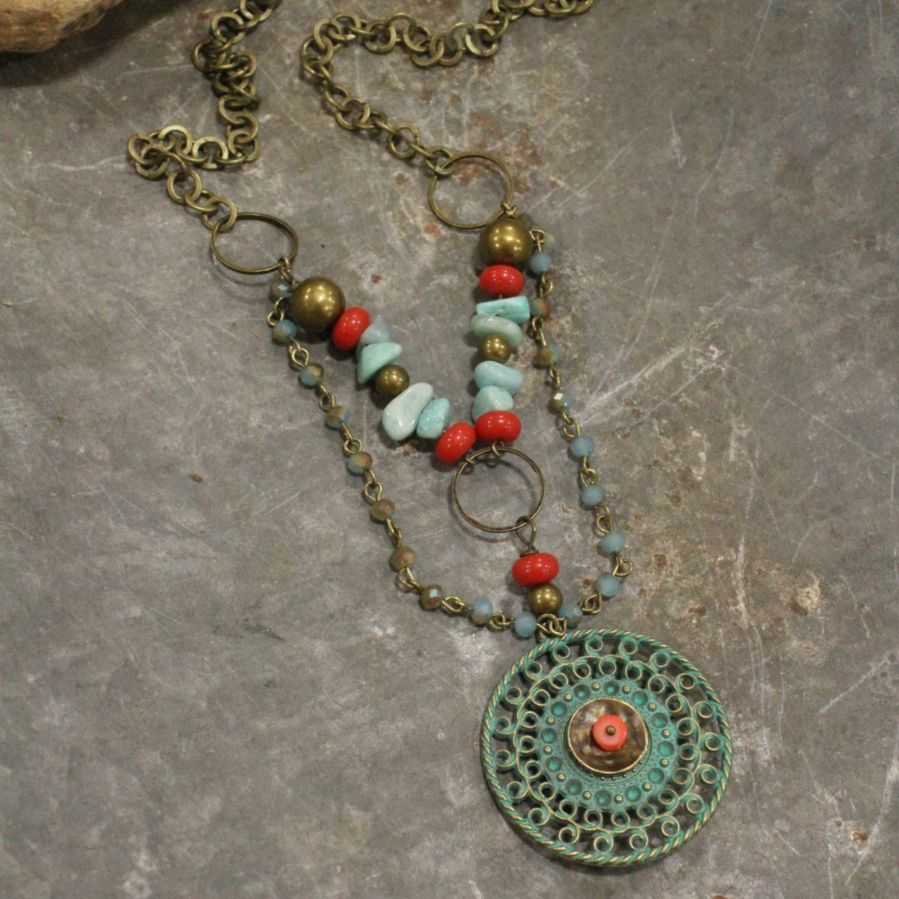 Patina Filigree Stone Layered Necklace