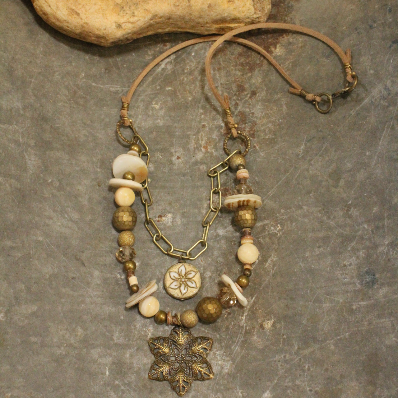 Czech Flower Neutral Stone Layered Necklace