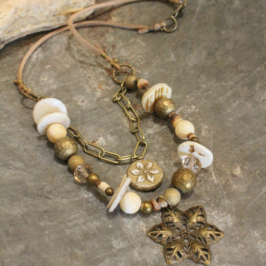 Czech Flower Neutral Stone Layered Necklace