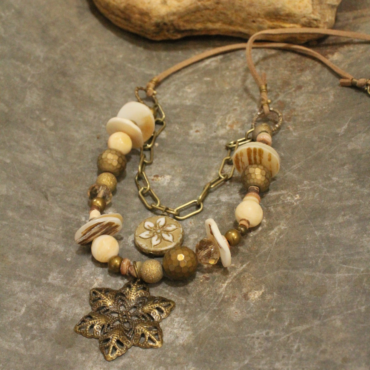 Czech Flower Neutral Stone Layered Necklace