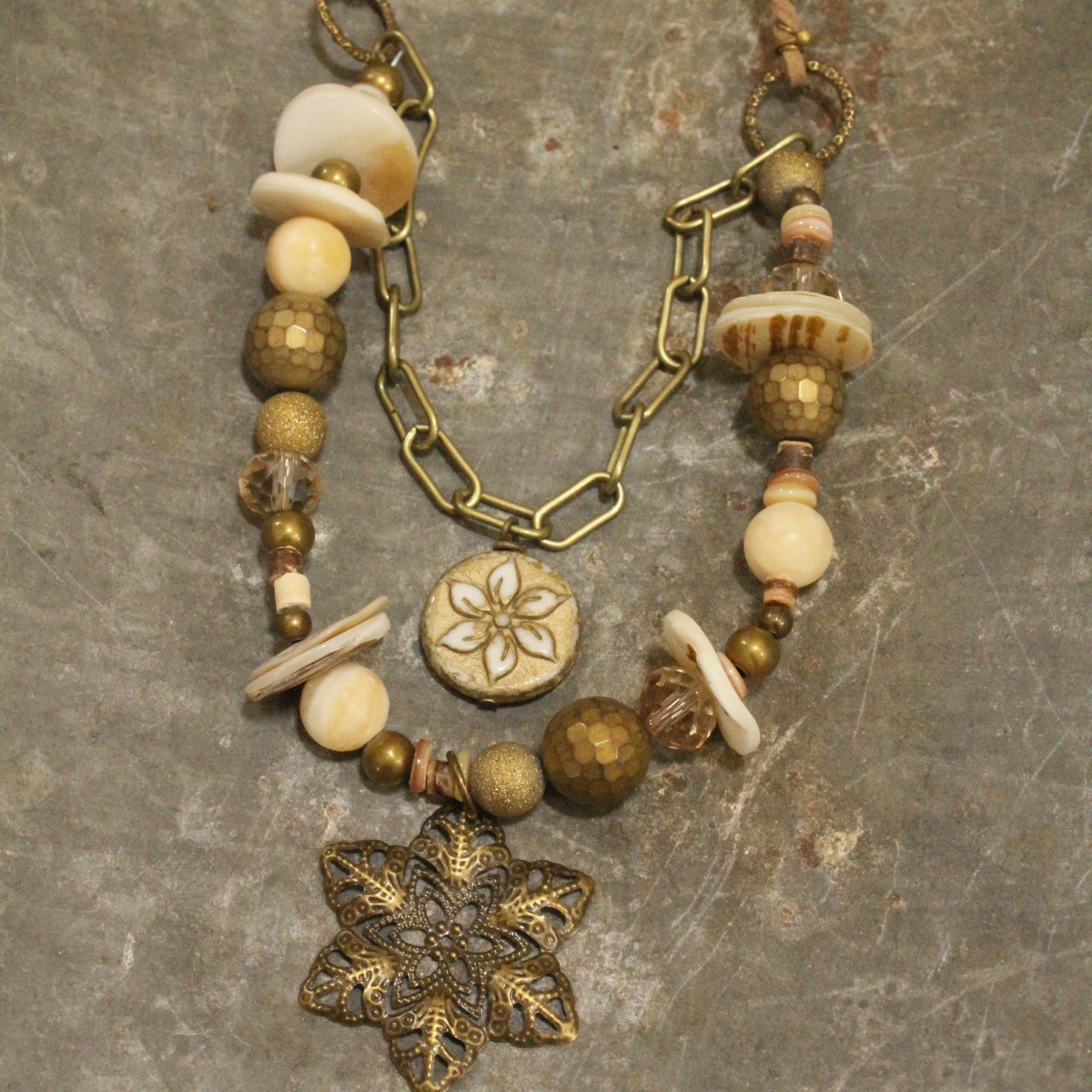 Czech Flower Neutral Stone Layered Necklace