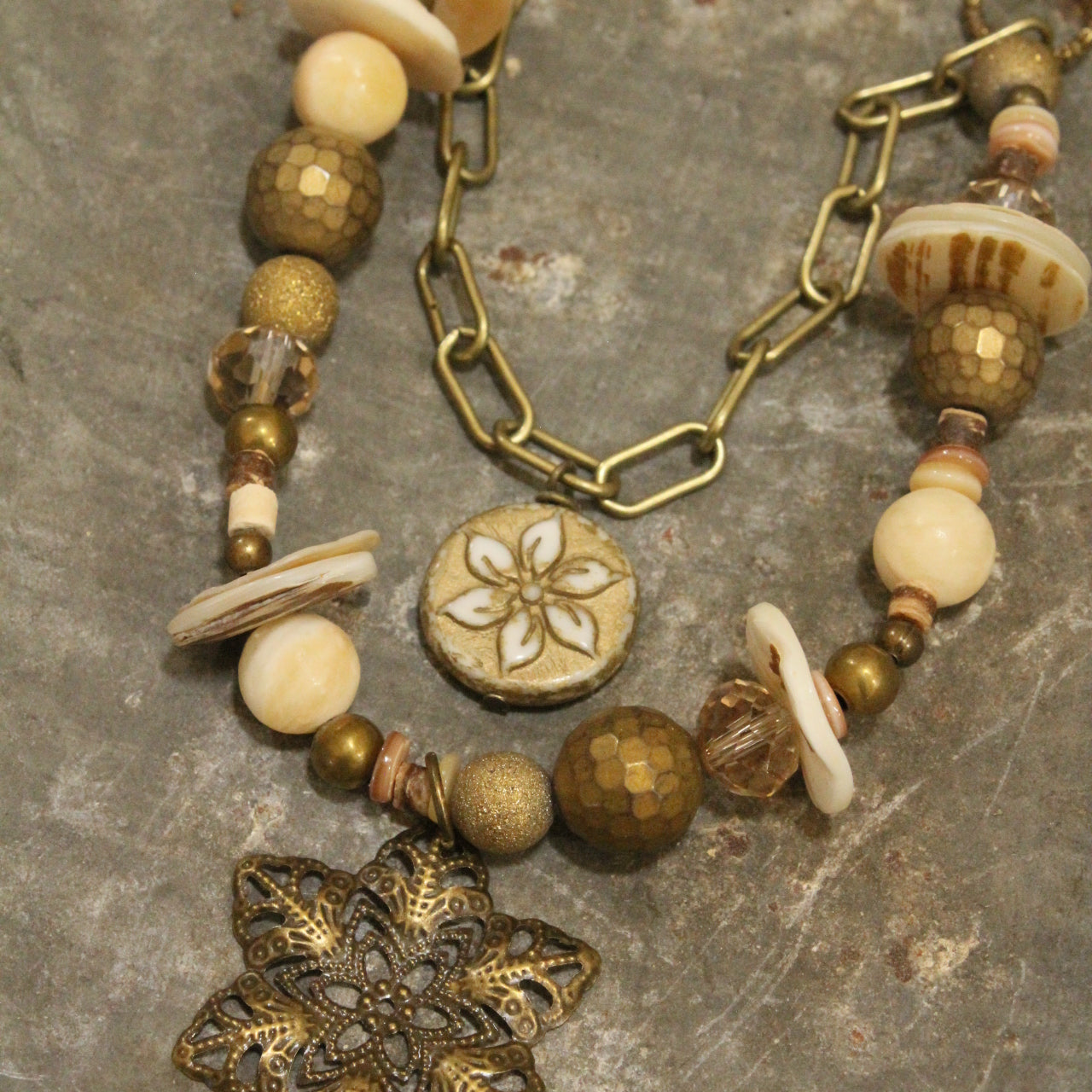 Czech Flower Neutral Stone Layered Necklace