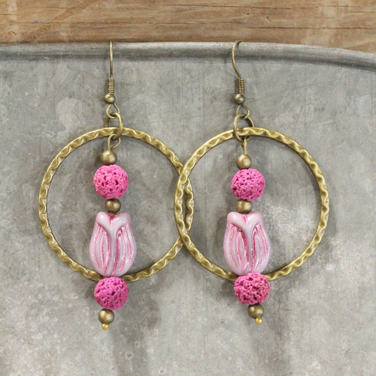 Tulip Time Vintage Czech Plum Dangle Earrings