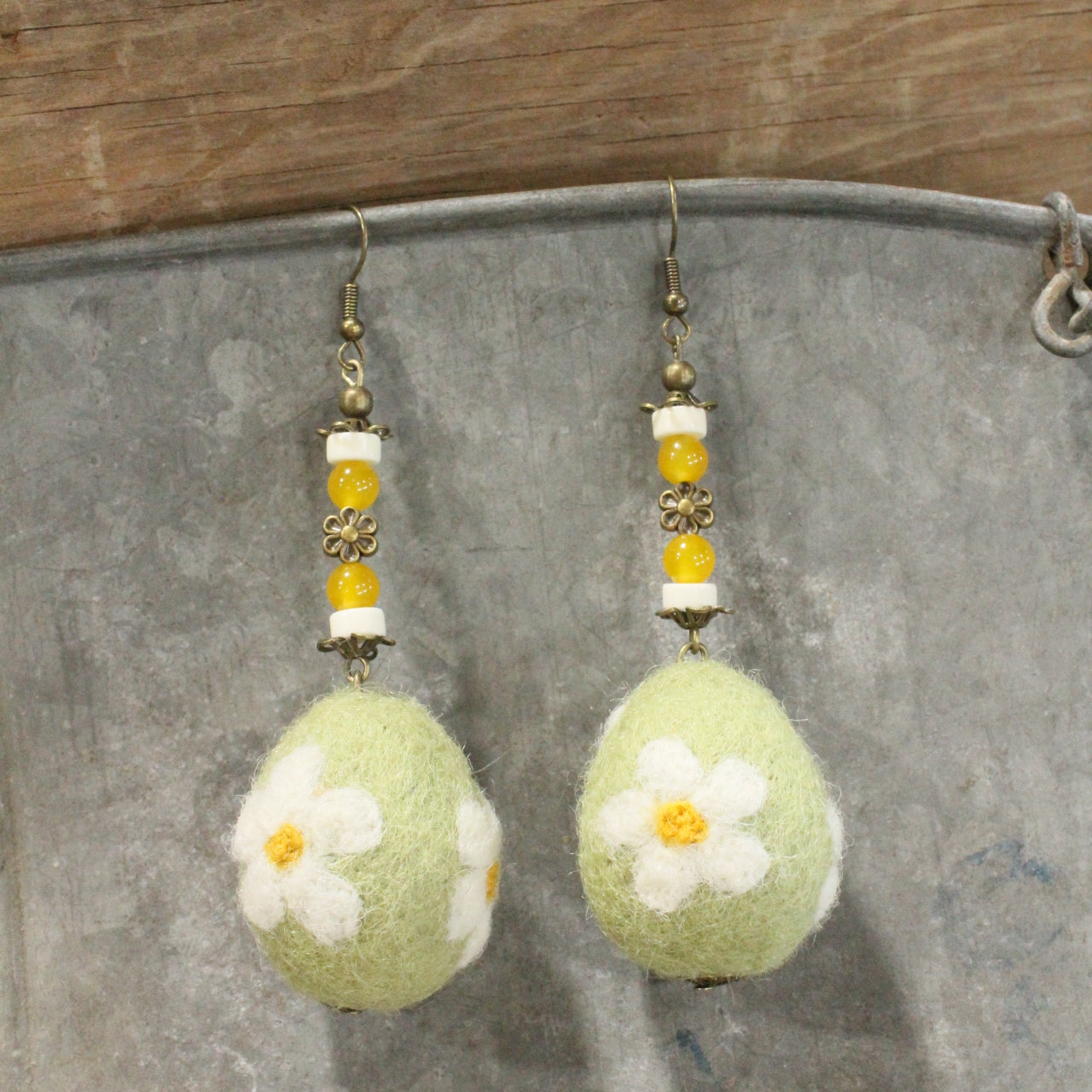 On The Hunt Charmed Olive Green Daisy Egg Earrings