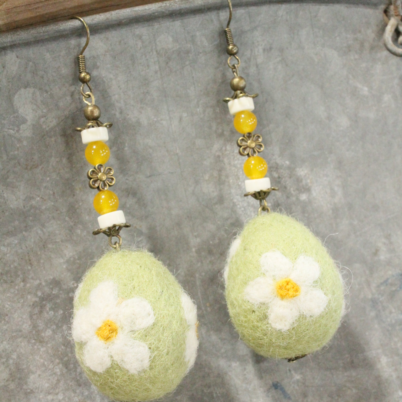 On The Hunt Charmed Olive Green Daisy Egg Earrings