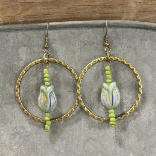 Tulip Time Vintage Czech Green Dangle Earrings