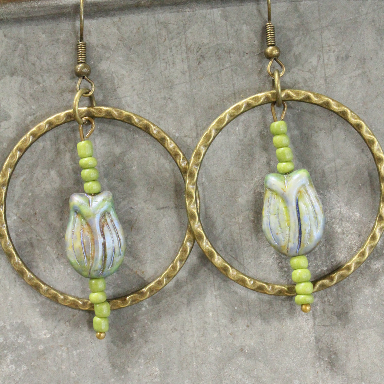 Tulip Time Vintage Czech Green Dangle Earrings