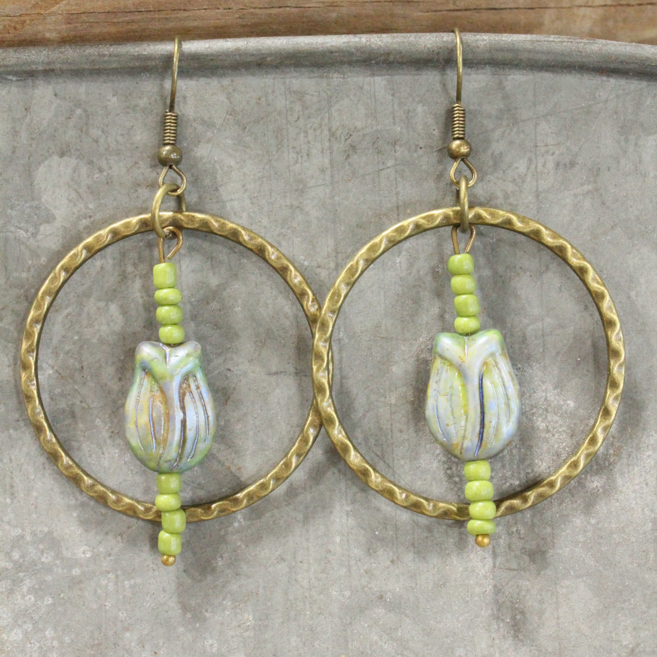 Tulip Time Vintage Czech Green Dangle Earrings