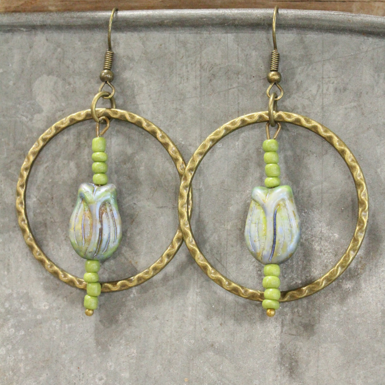 Tulip Time Vintage Czech Green Dangle Earrings