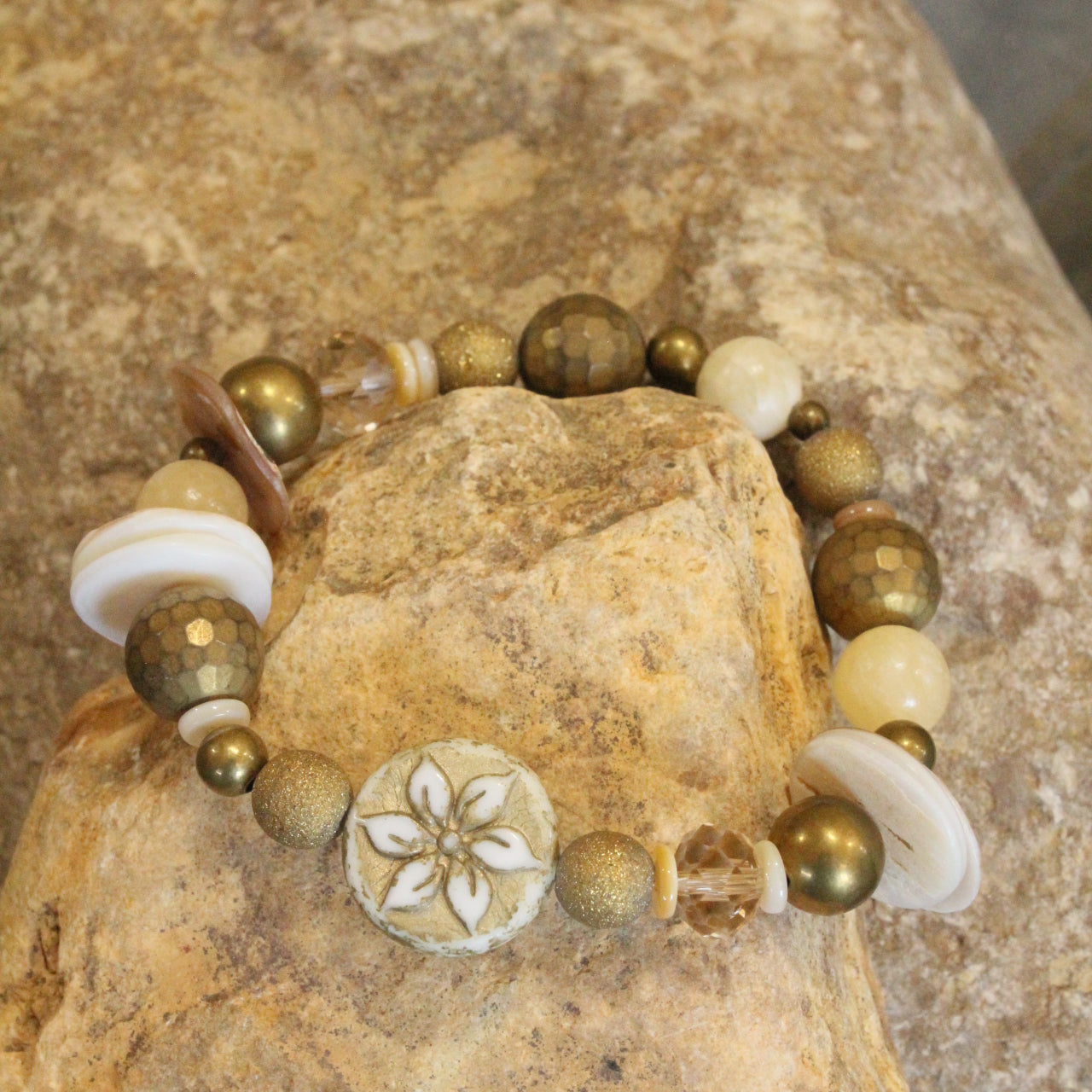 Czech Flower Neutral Stone Stretch Bracelet