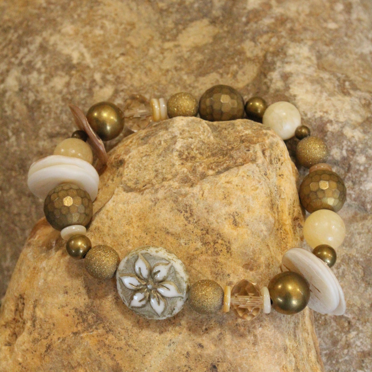 Czech Flower Neutral Stone Stretch Bracelet