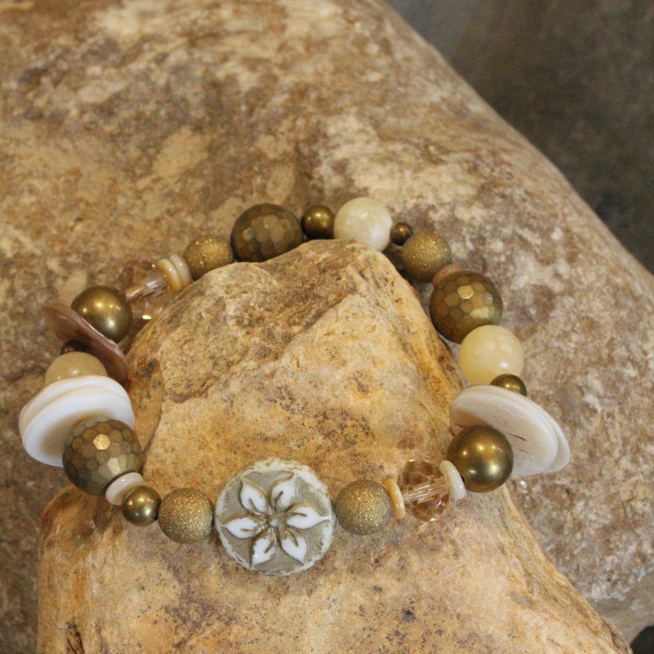 Czech Flower Neutral Stone Stretch Bracelet