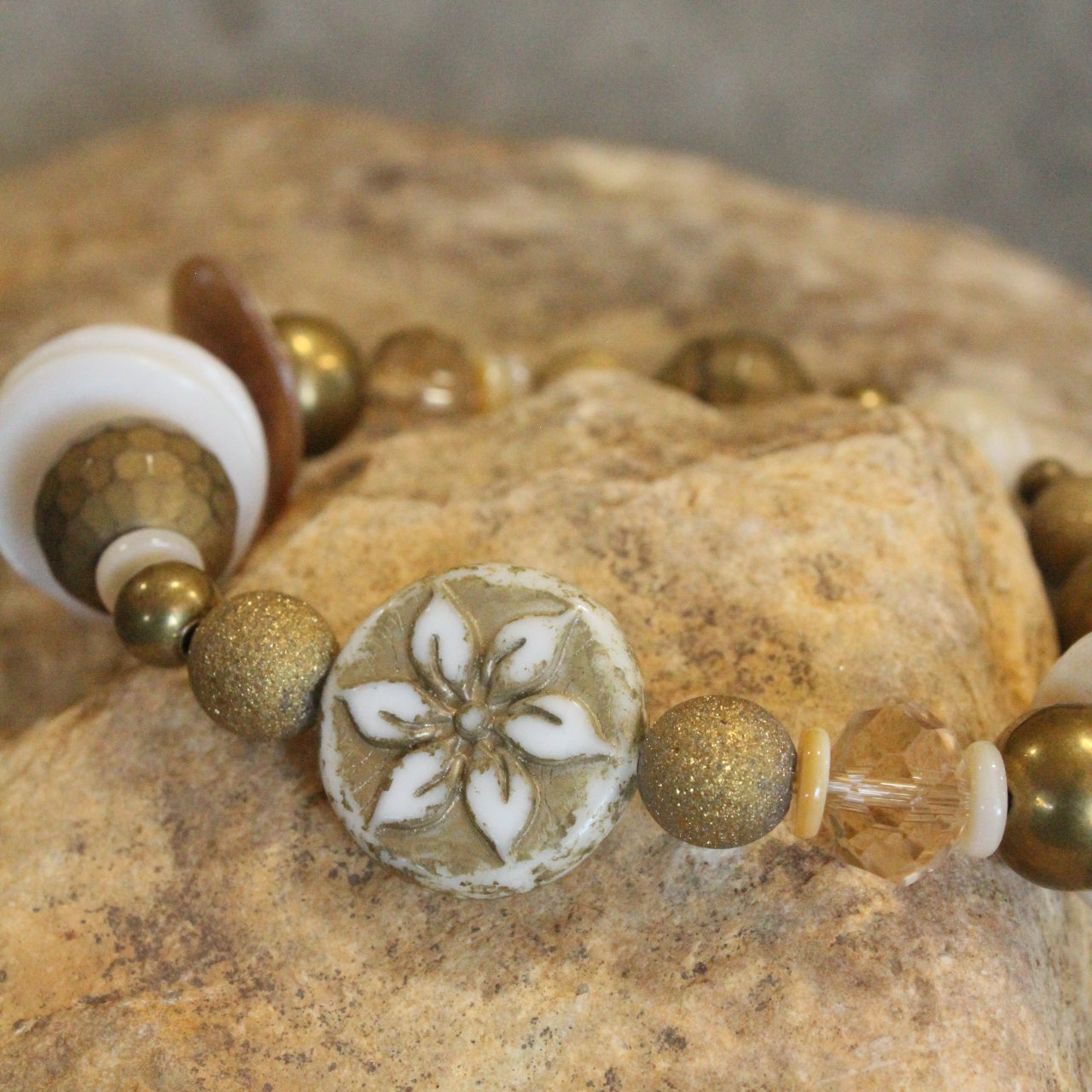 Czech Flower Neutral Stone Stretch Bracelet