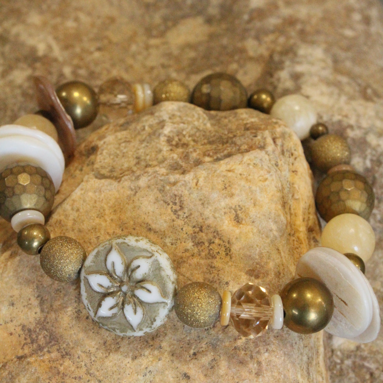 Czech Flower Neutral Stone Stretch Bracelet