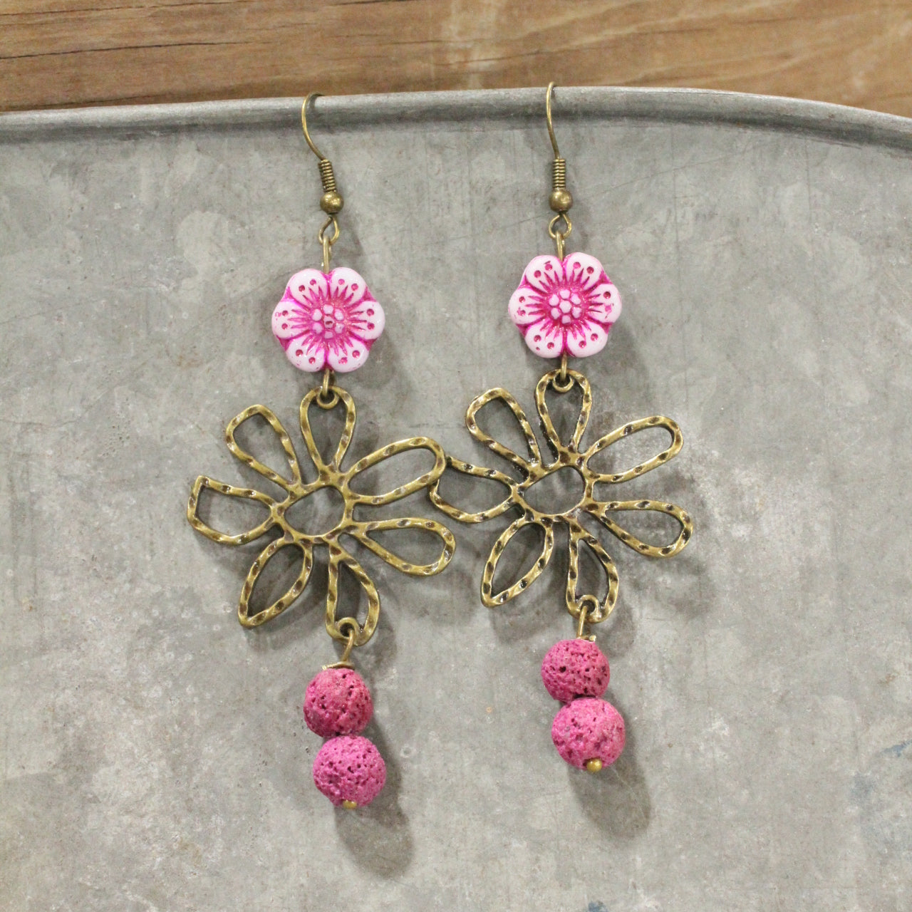 Flower Power Czech Pink Dangle Earrings