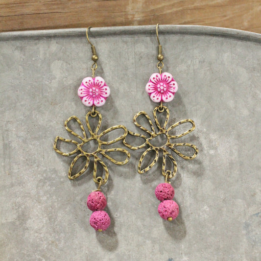 Flower Power Czech Pink Dangle Earrings