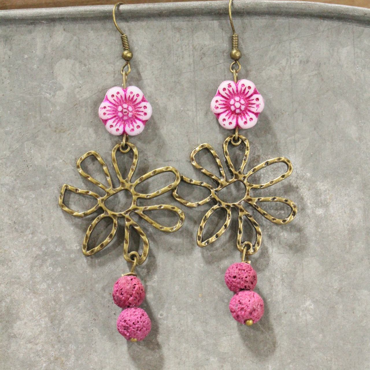 Flower Power Czech Pink Dangle Earrings