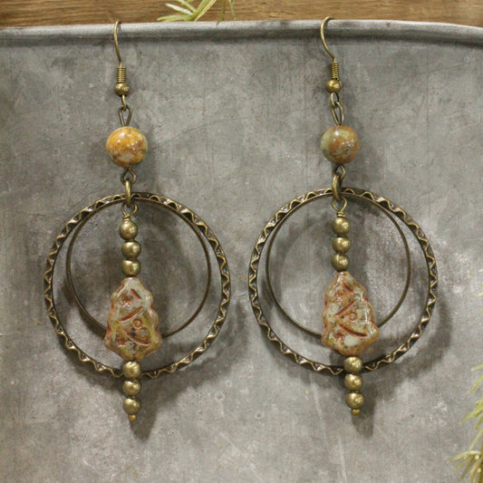 Evergreen Tree Czech Dangle Hoop Earrings