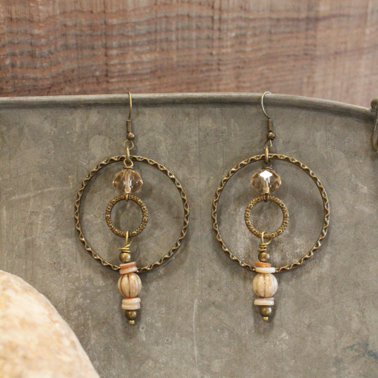 Czech Flower Neutral Stone Dangle Earrings