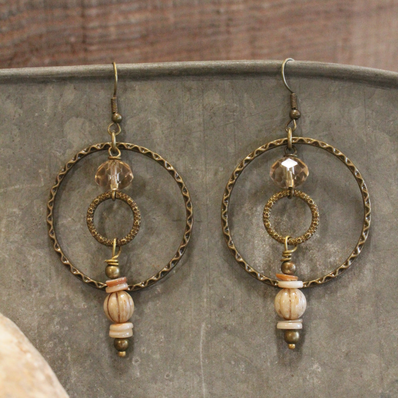 Czech Flower Neutral Stone Dangle Earrings