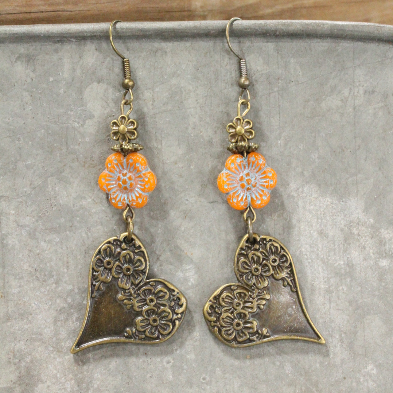 Czech & Bronze Sunny Orange Charm Dangle Earrings