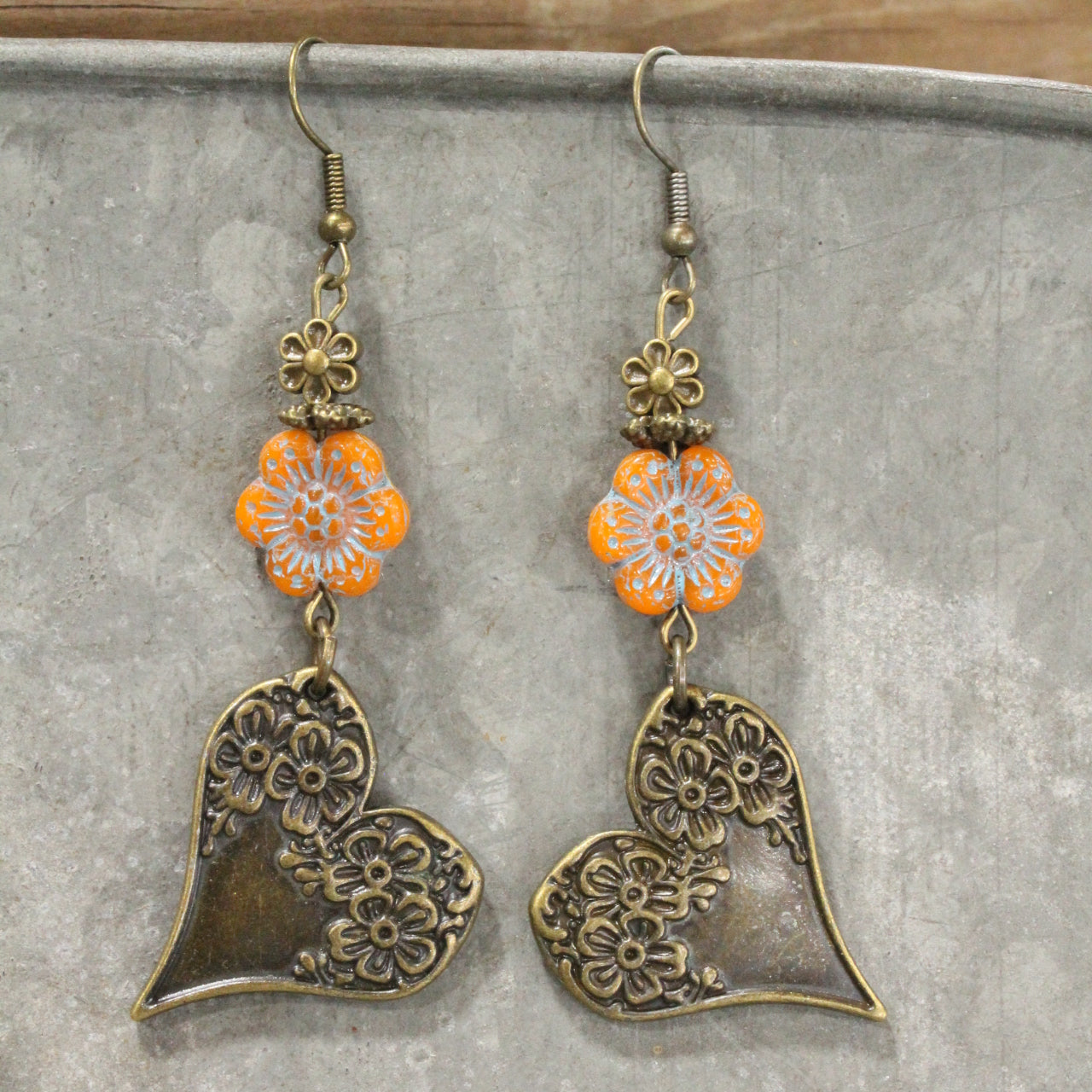 Czech & Bronze Sunny Orange Charm Dangle Earrings