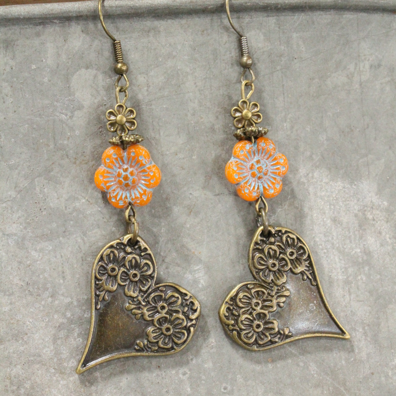 Czech & Bronze Sunny Orange Charm Dangle Earrings