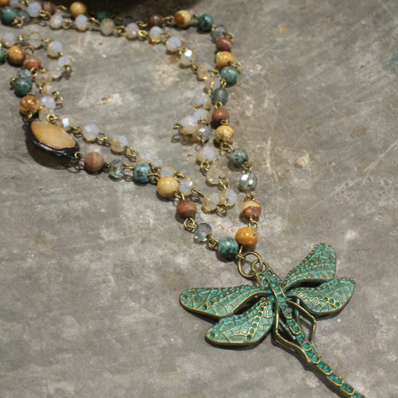 Bohemian Layered Mixed Stone Dragonfly Necklace