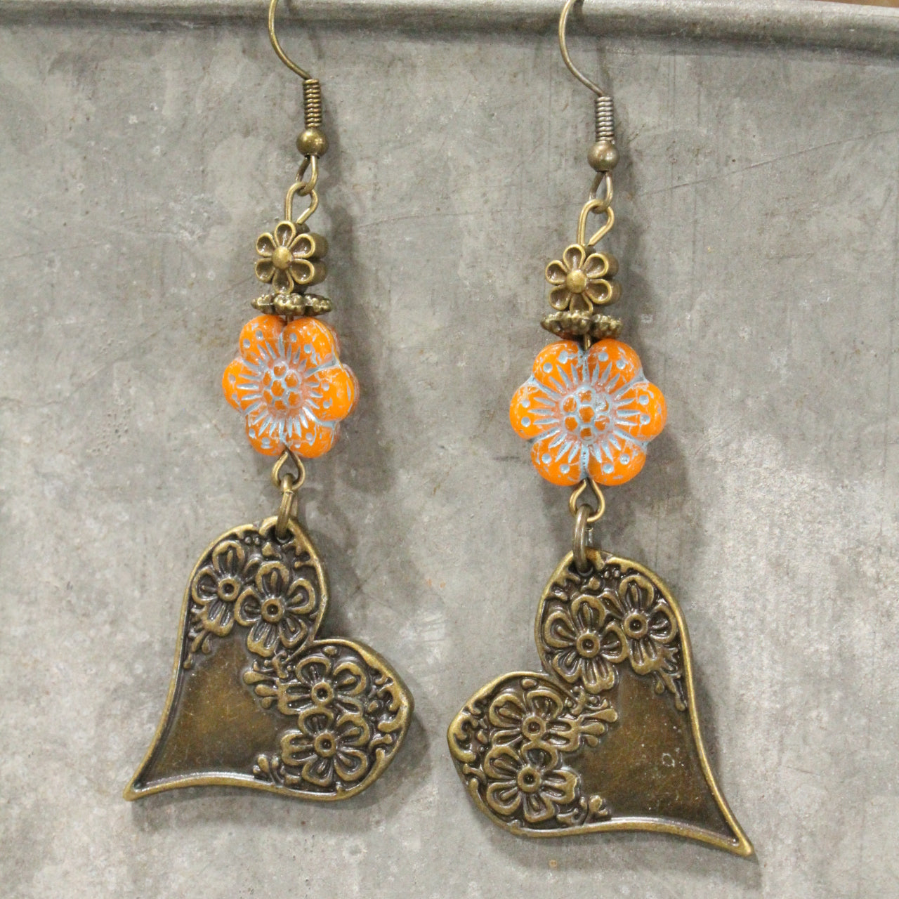 Czech & Bronze Sunny Orange Charm Dangle Earrings