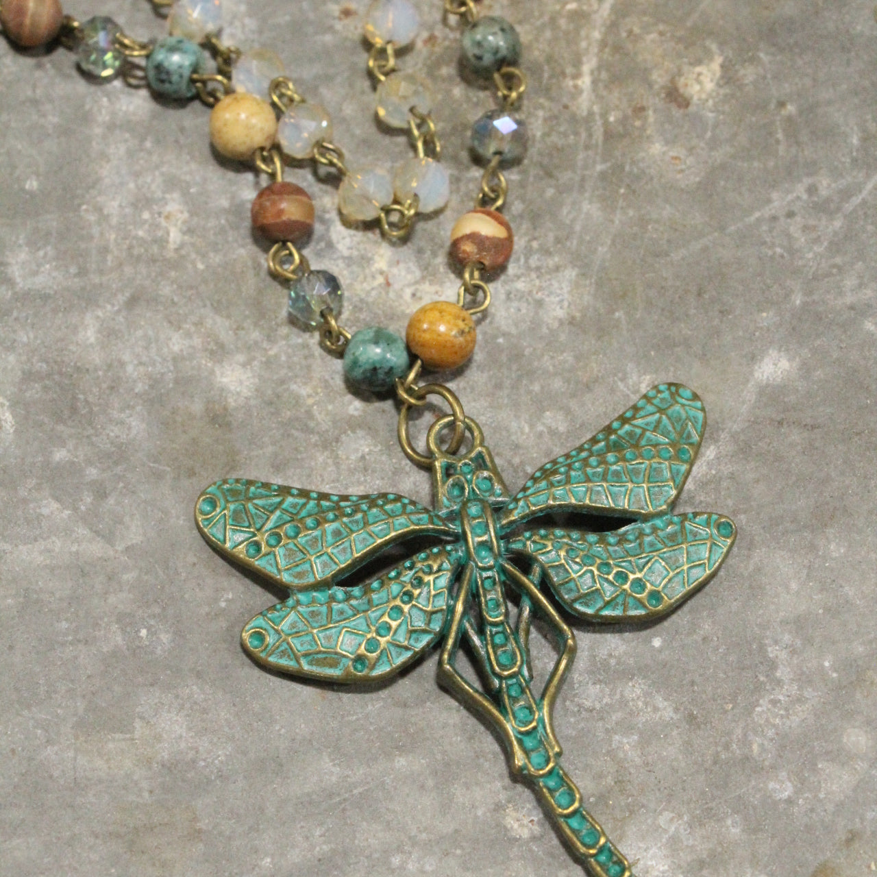 Bohemian Layered Mixed Stone Dragonfly Necklace