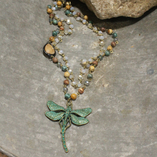 Bohemian Layered Mixed Stone Dragonfly Necklace