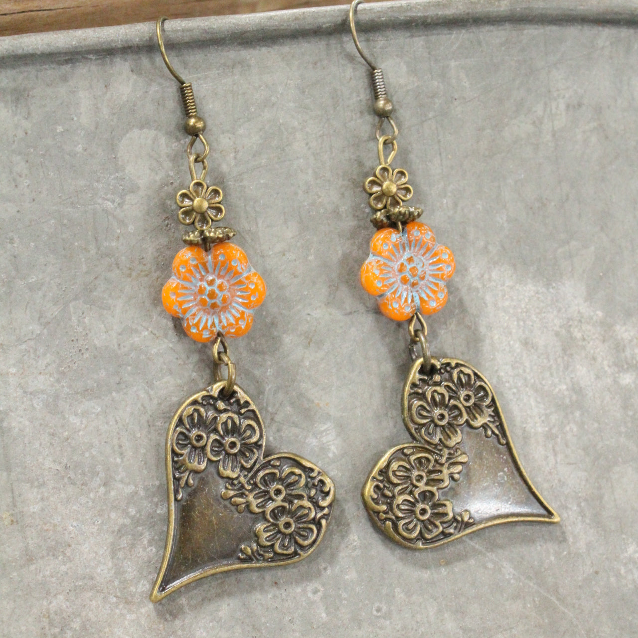 Czech & Bronze Sunny Orange Charm Dangle Earrings