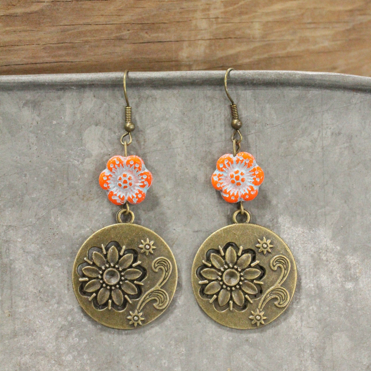 Flourishing Floral Czech Orange Charm Dangle Earrings