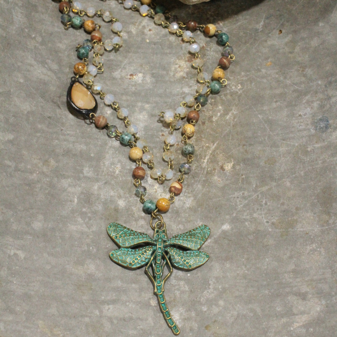 Bohemian Layered Mixed Stone Dragonfly Necklace