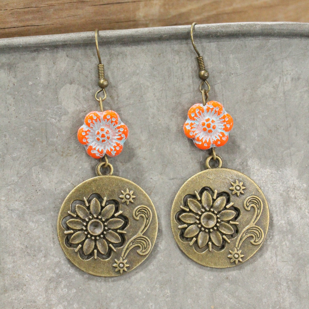 Flourishing Floral Czech Orange Charm Dangle Earrings