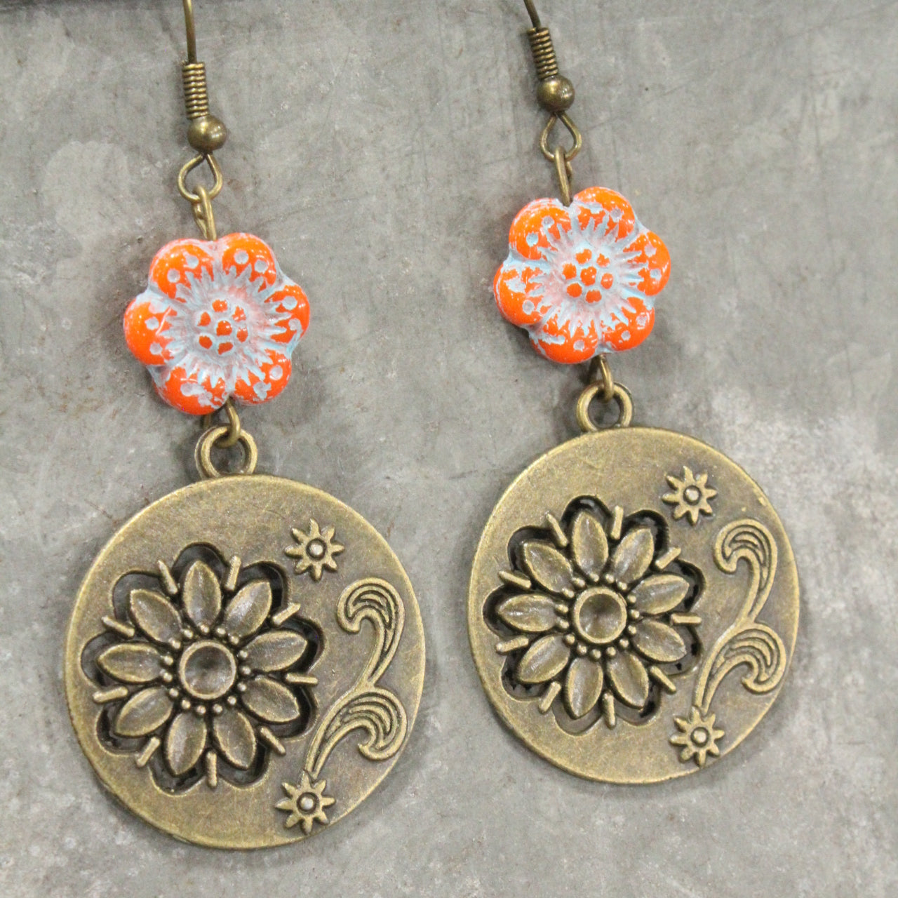 Flourishing Floral Czech Orange Charm Dangle Earrings